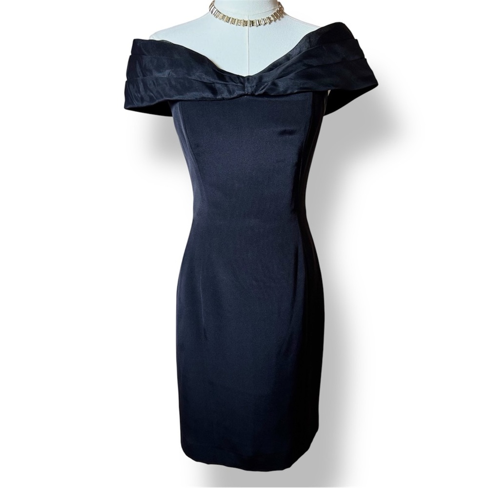 LOUIS FERAUD Black Silk Off Shoulder Midi Cocktail Dress